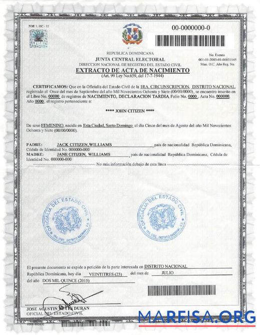 Downloadable DOMINICANA birth certificate example